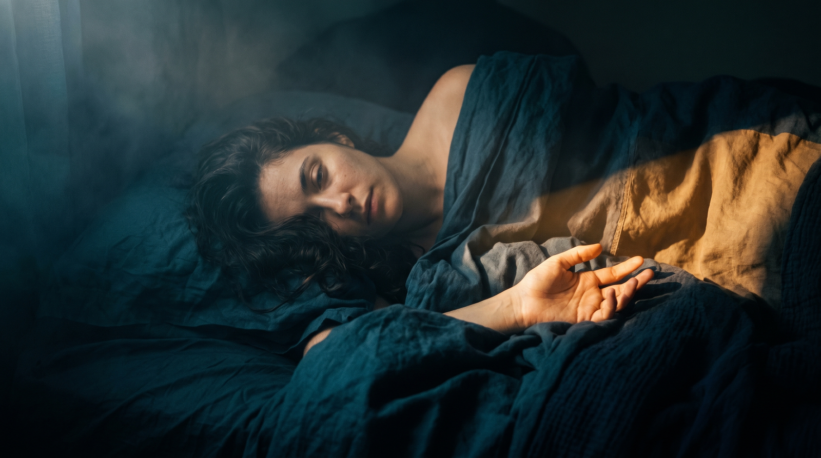 Figure in bed frozen between darkness and warm light, caught in the moment of sleep paralysis