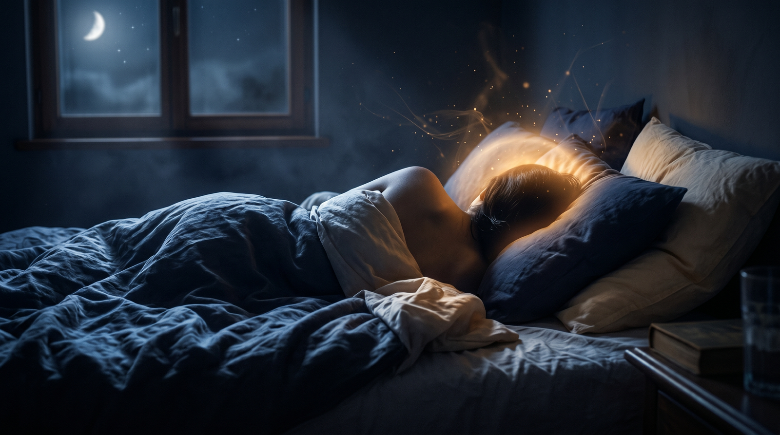 A sleepless figure in bed, mind glowing warm amber within cool midnight darkness, luminous thoughts hovering above
