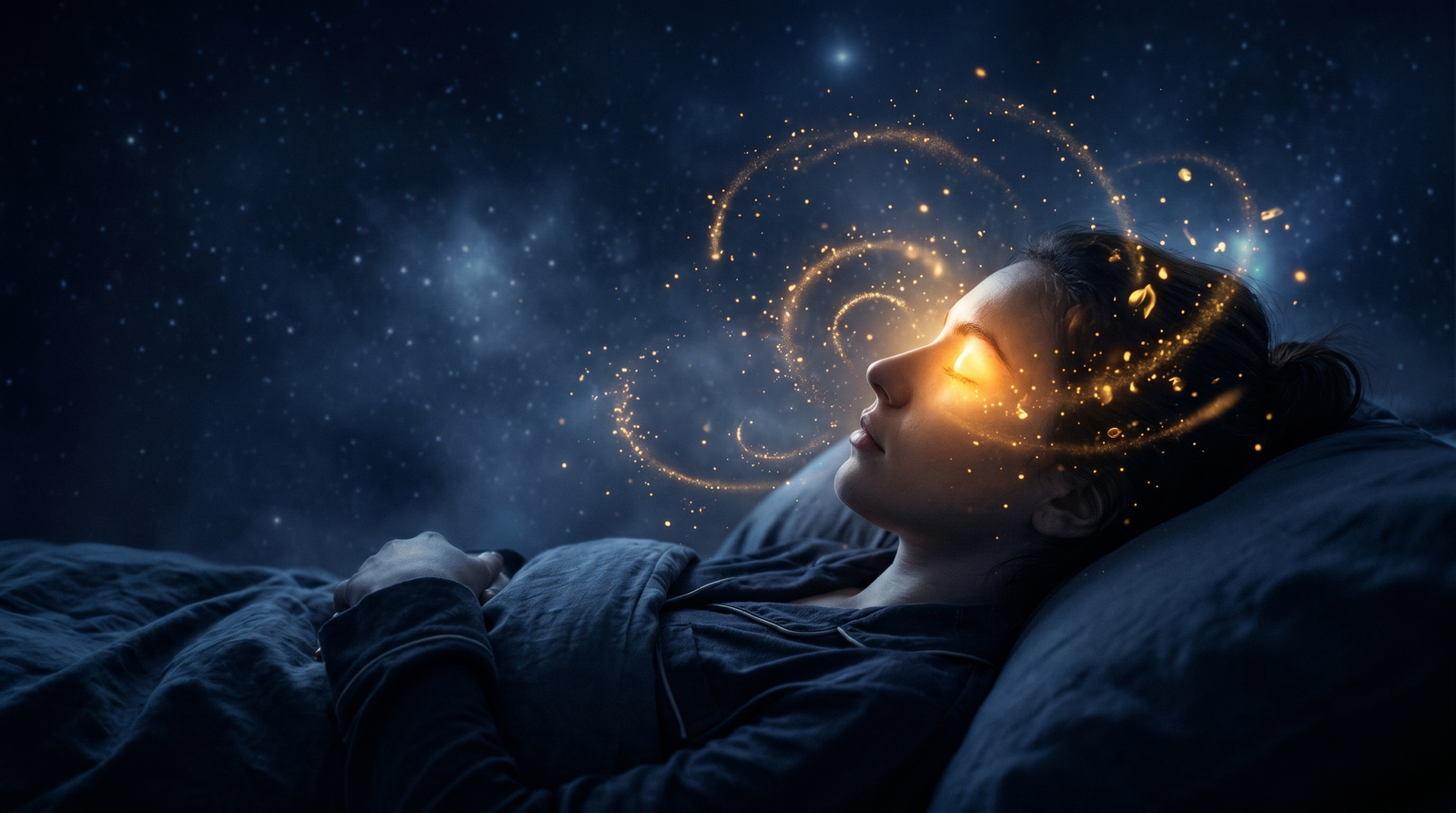 A sleeping figure's mind glows with golden light from within, luminous thoughts spiraling through cool indigo darkness.