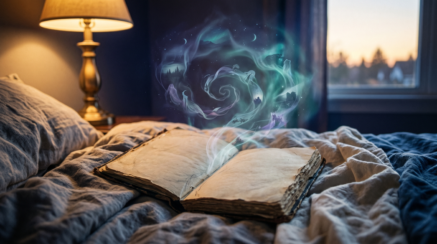 A dream journal catches warm amber light as ethereal dream wisps dissolve upward into fading mist.