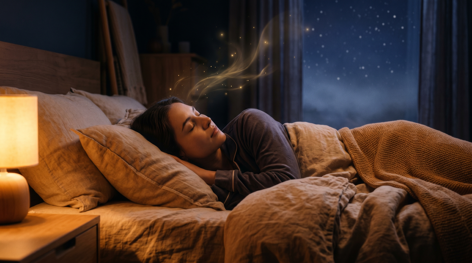 Peaceful sleeper glowing softly in warm amber light against the deep indigo night.