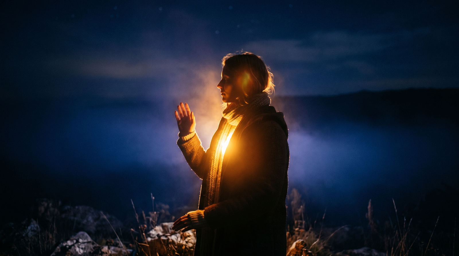 Silhouetted figure with inner amber light glowing in indigo darkness, embodying unconscious intuition and prophetic awareness.