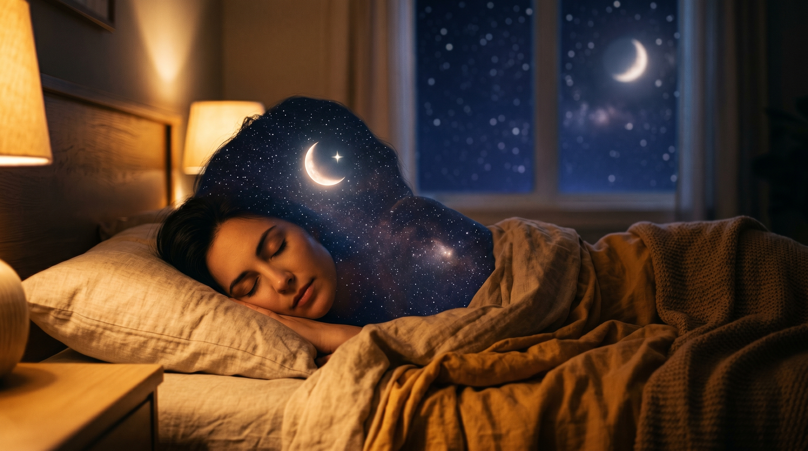A sleeping figure silhouetted in warm amber light with stars glowing within the profile, representing mental clarity and restoration from quality sleep.
