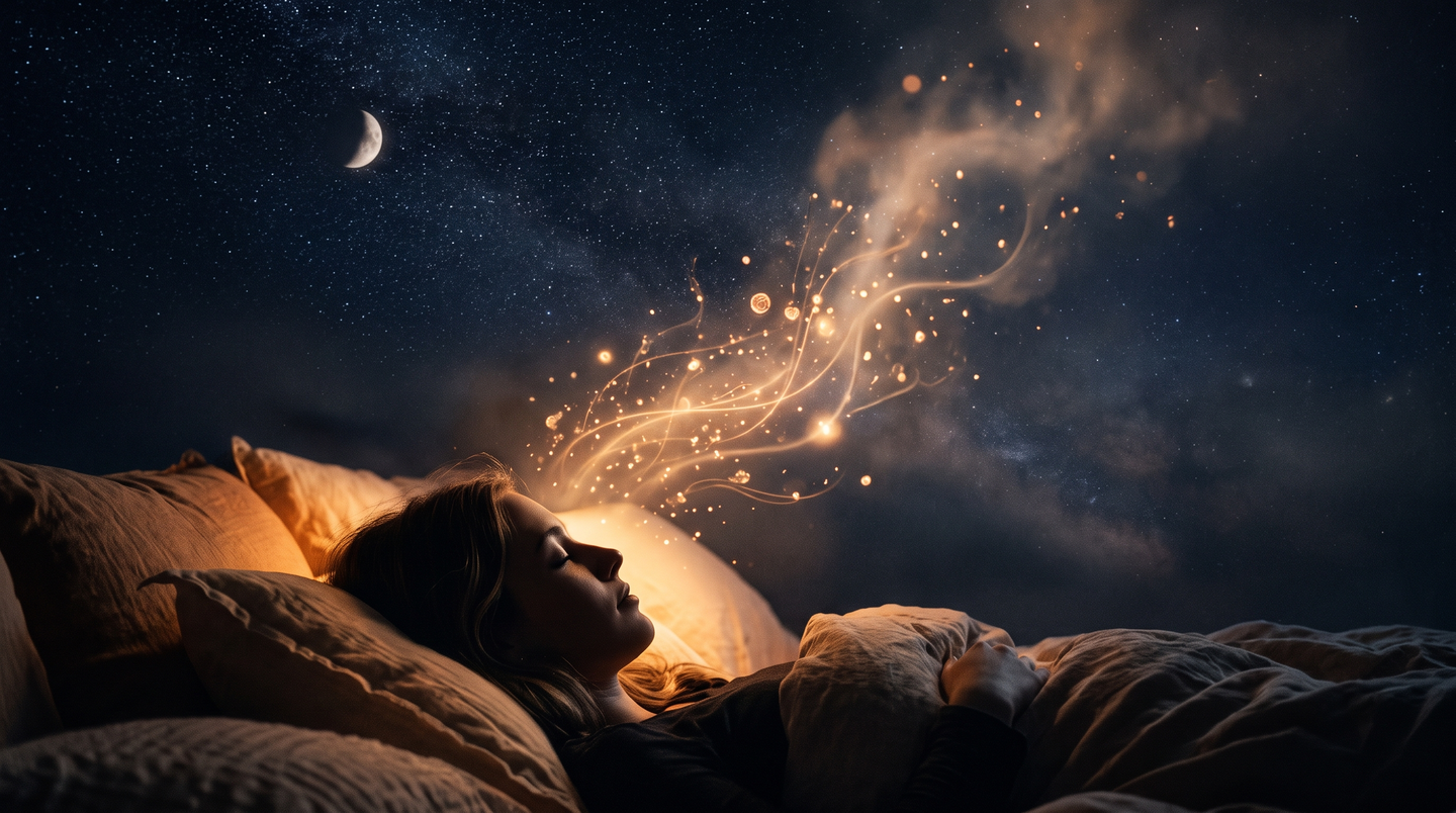 A sleeping dreamer with warm golden light and memories rising as luminous wisps from their mind.