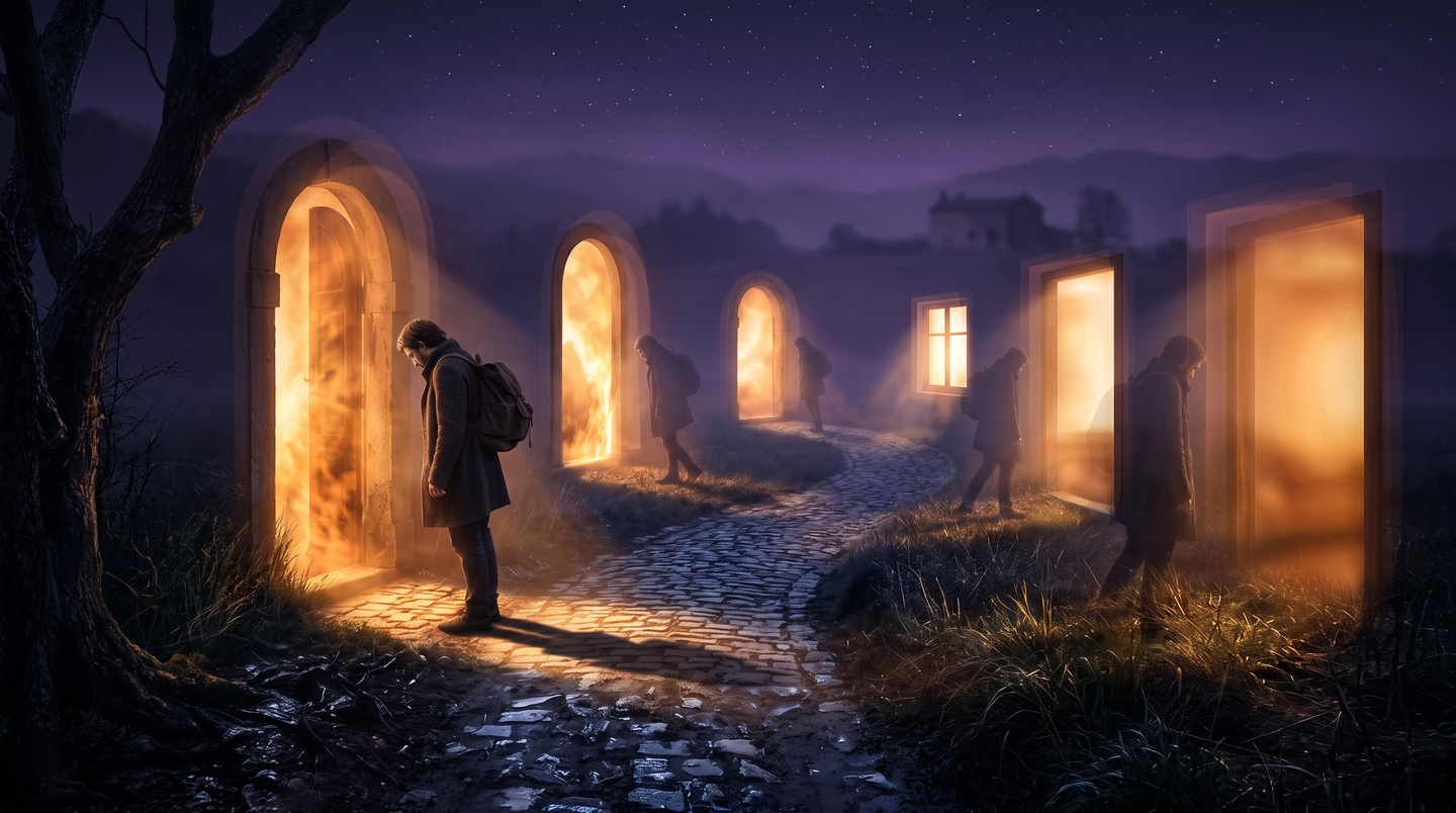 A solitary figure observes successive glowing thresholds across cyclical night, representing how each day of the week shapes our dreams