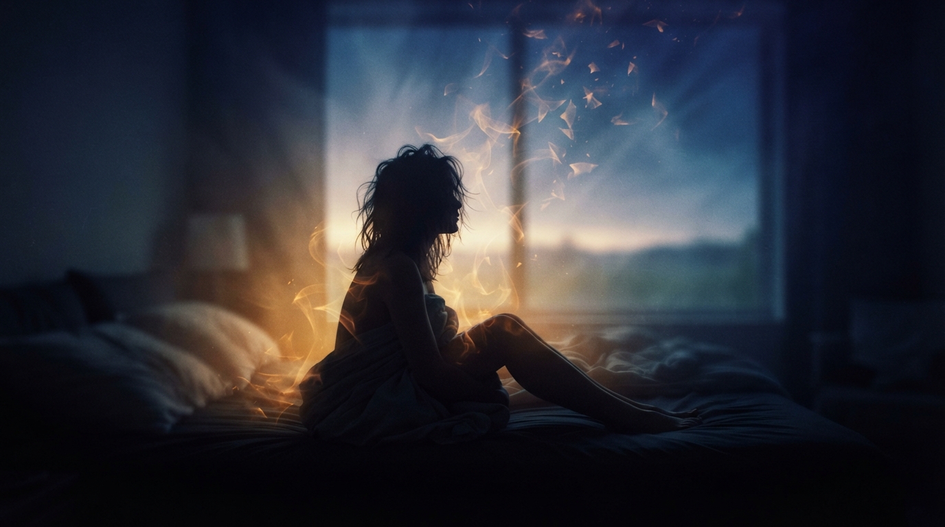 A silhouetted sleeper waking as warm amber dream-light wisps dissolve into cool darkness.