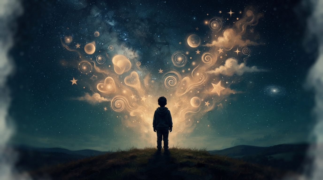 A child silhouette surrounded by gentle floating dream imagery and golden light within the deep night sky.