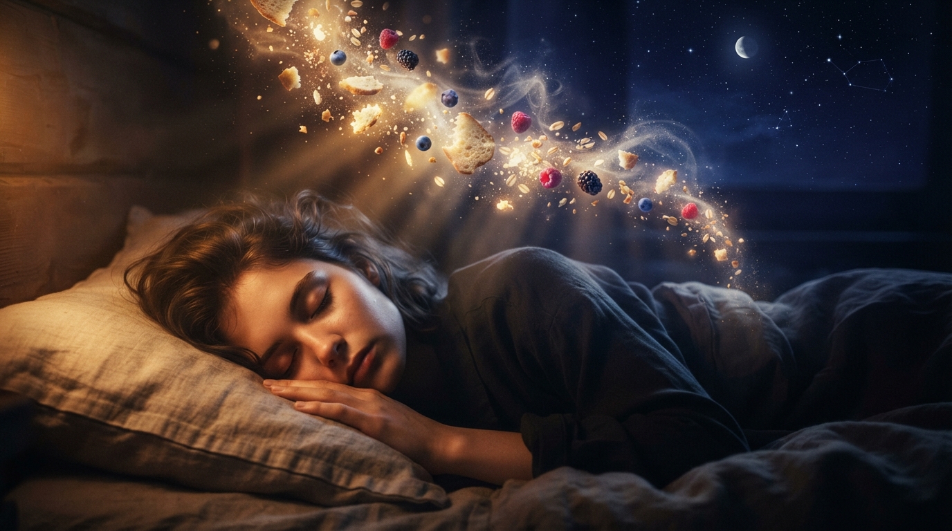 A sleeping figure with glowing food particles dissolving into warm amber light against deep night sky