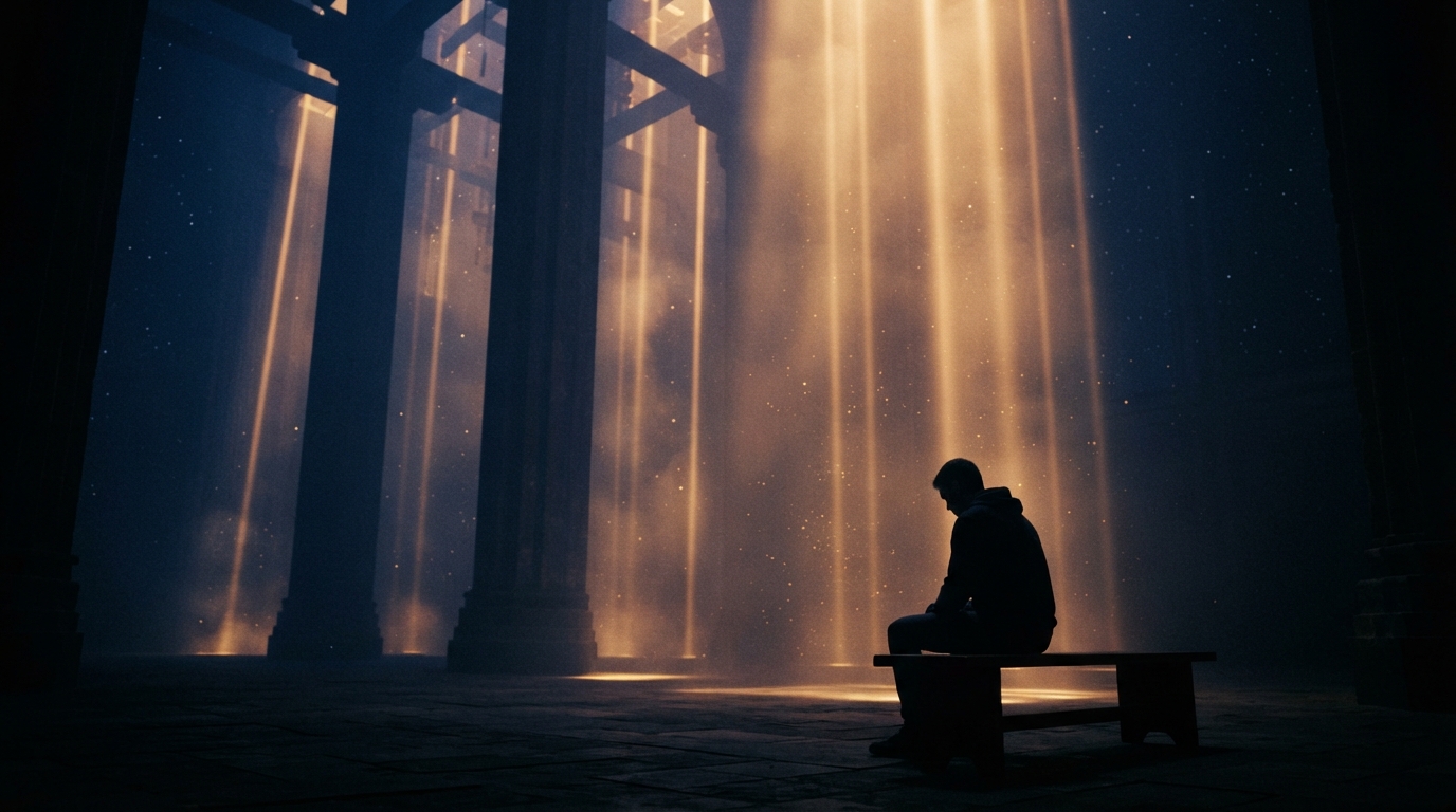 Silhouetted figure beneath shafts of golden light in indigo darkness, symbolizing the mind's processing of stress.