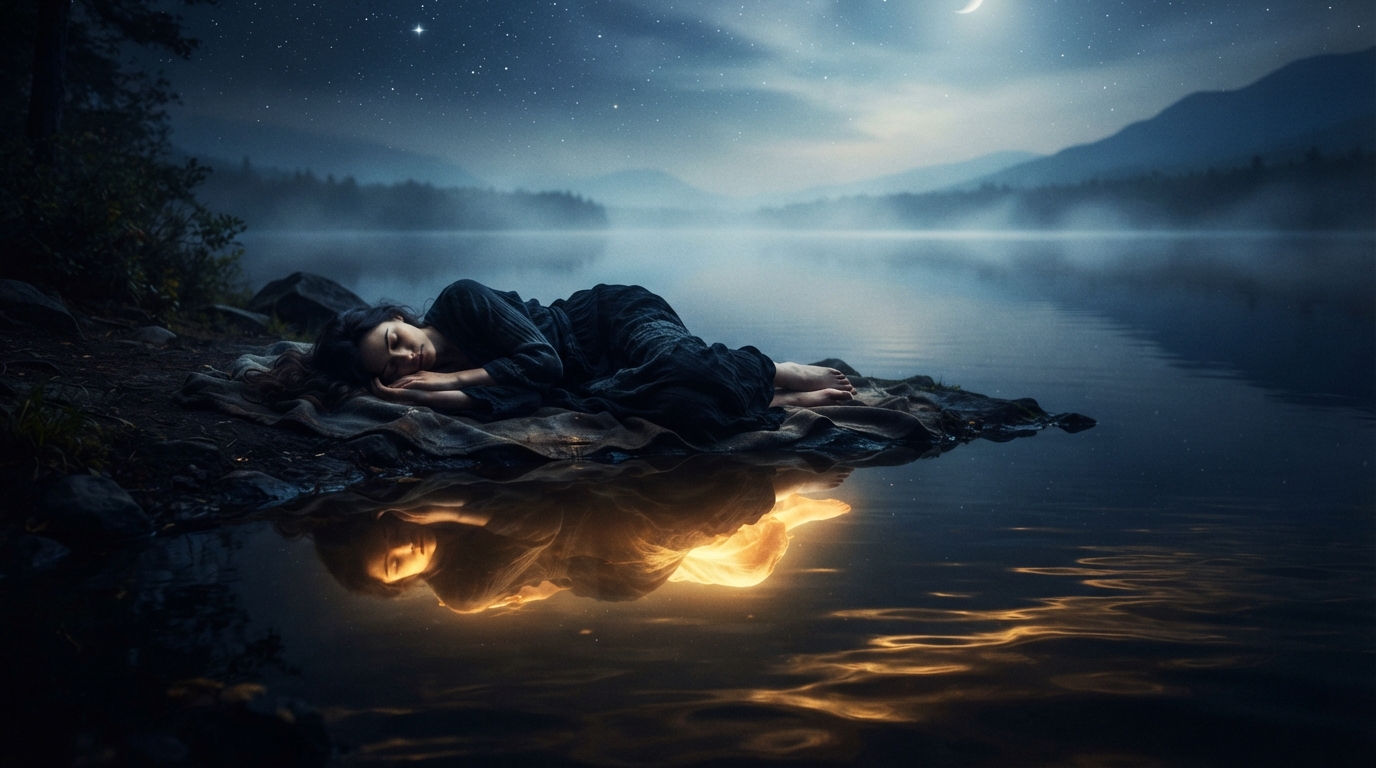 A sleeping figure beside still water, its reflection's glow showing the mind's inner work during dreams.