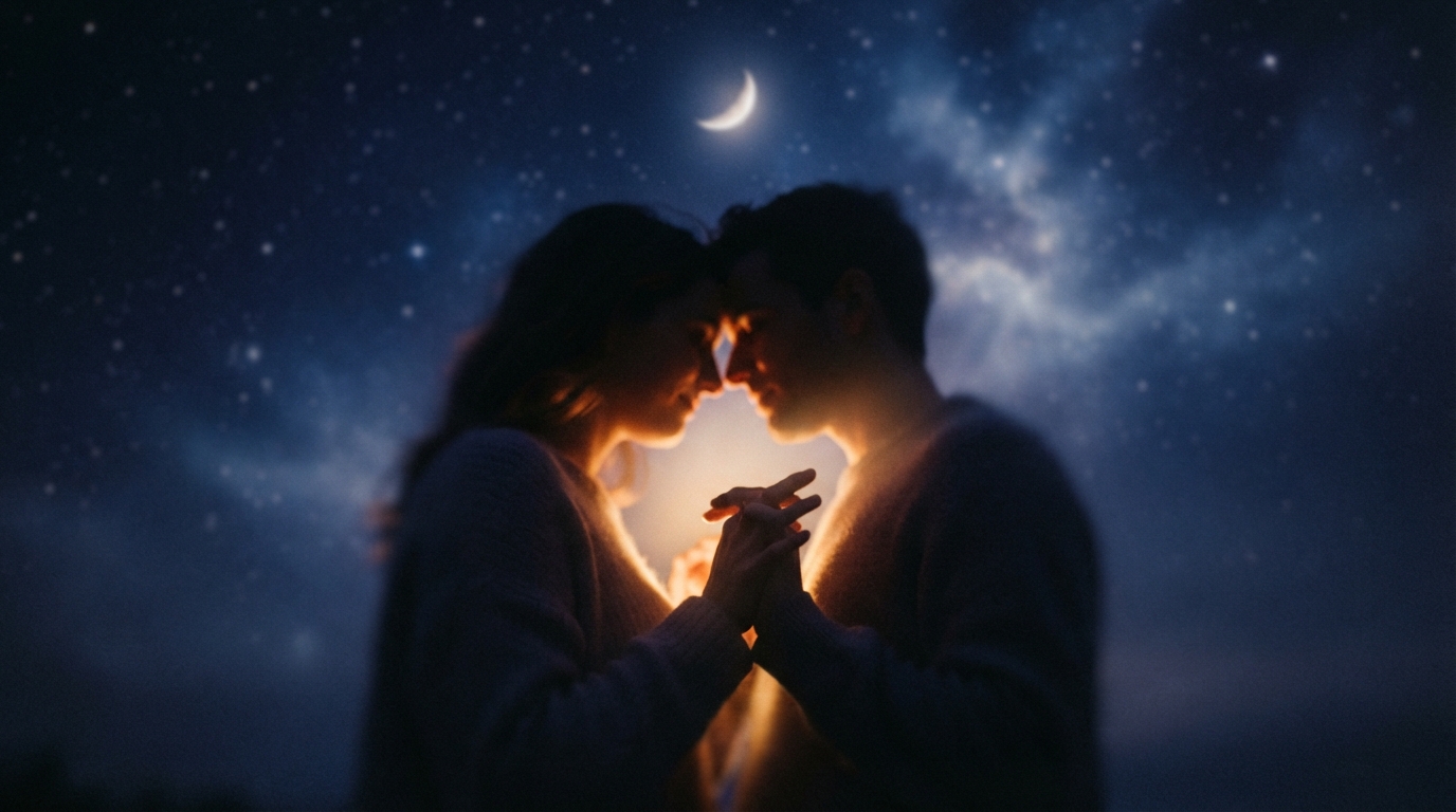 Two figures in tender connection, their silhouettes blending in warm amber light against deep indigo night.
