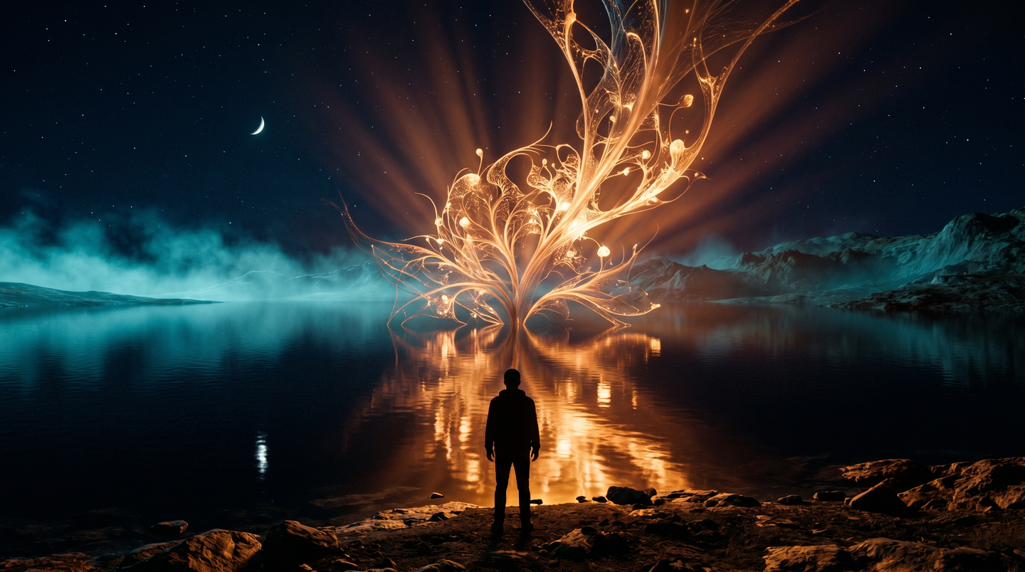 A lone silhouette watches a glowing amber-gold symbolic form emerge from a dark, still lake under a cool indigo night, symbolizing dream interpretation.