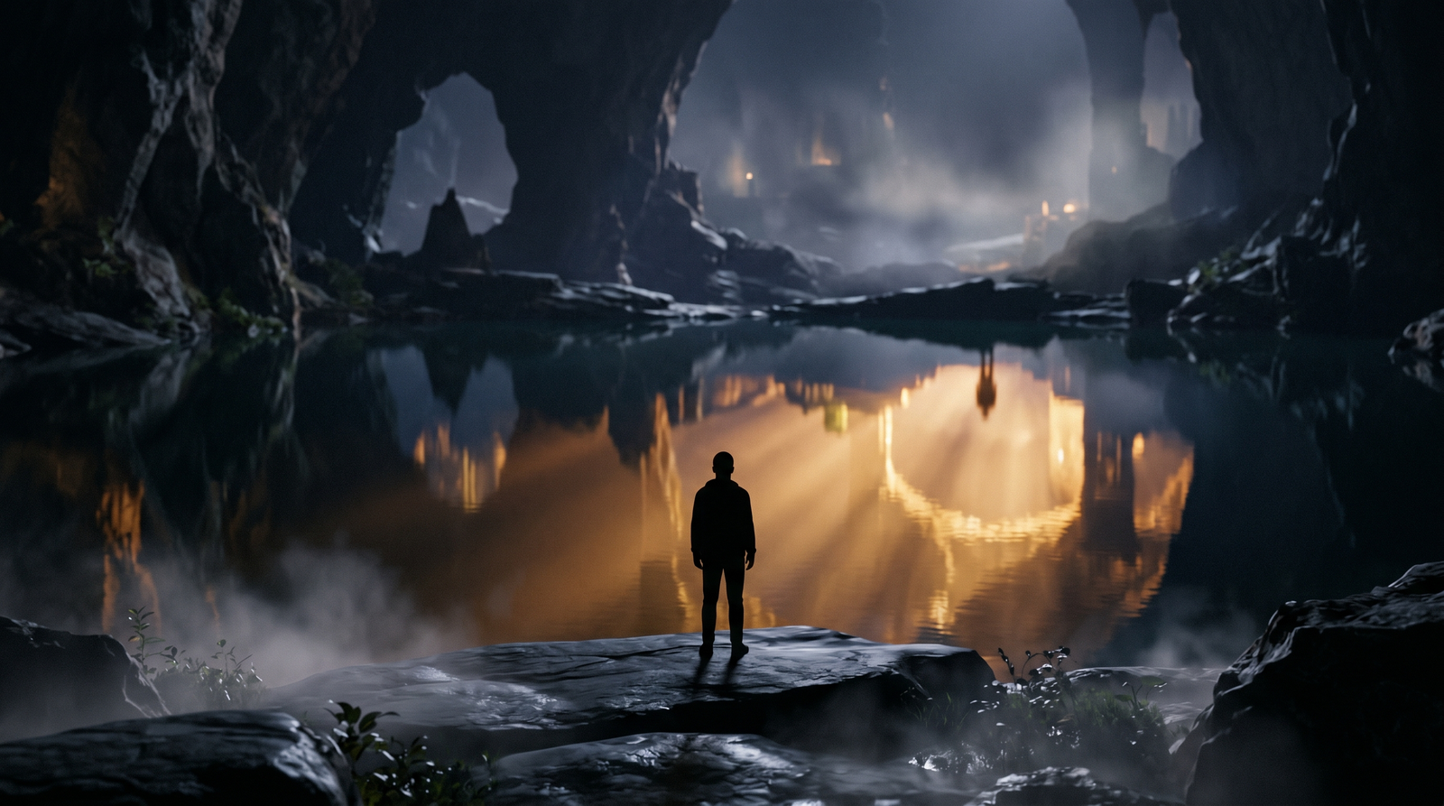 A silhouetted figure gazes into a luminous dream-mirror reflecting a vivid, aware reality within a deep indigo cavern.