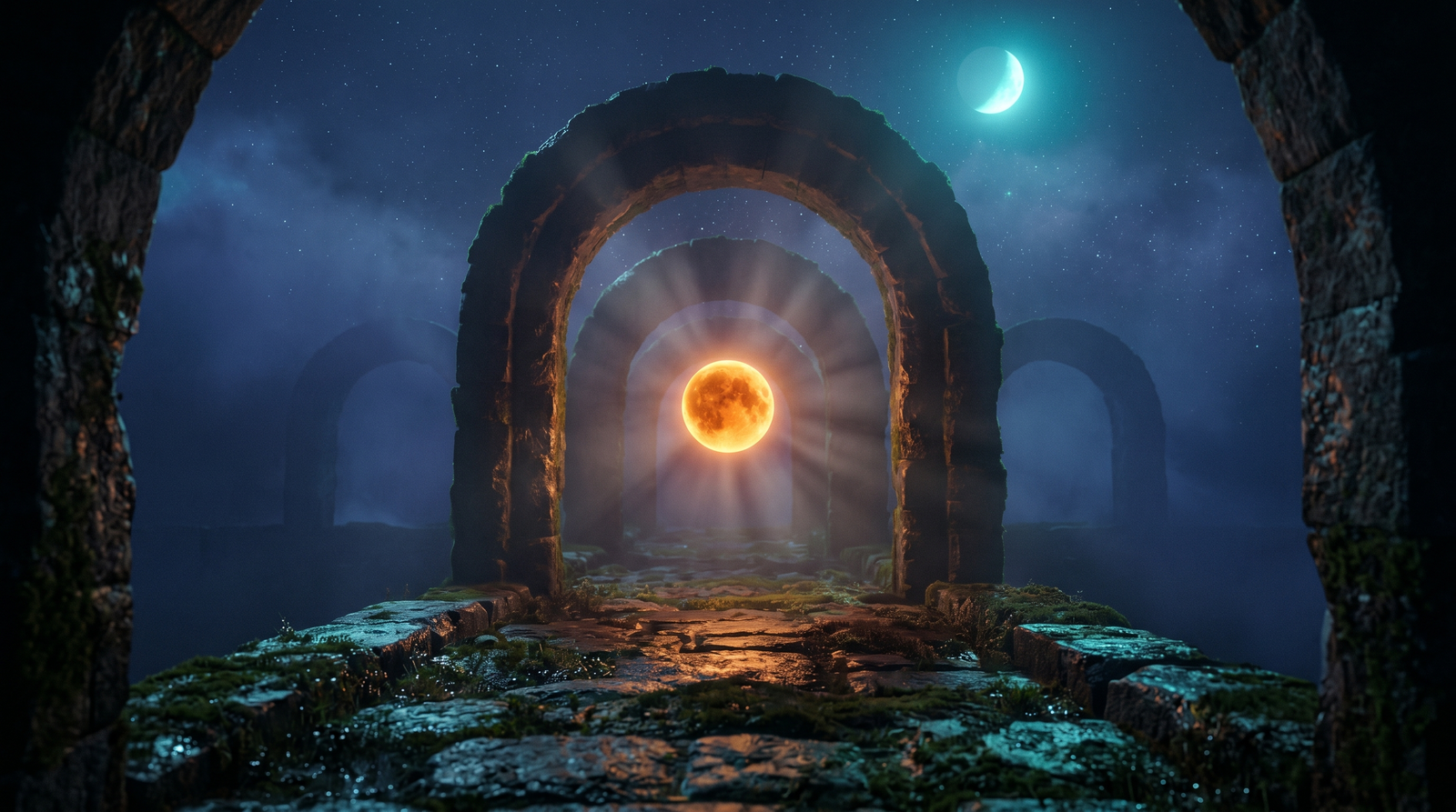 Glowing amber orb within dark, repeating stone archway, fading to misty stars, coolly lit.