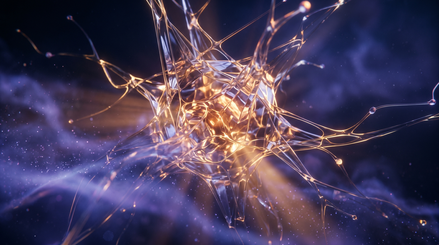 Glowing crystalline neural form in indigo void; warm light rays cut cool violet mist.