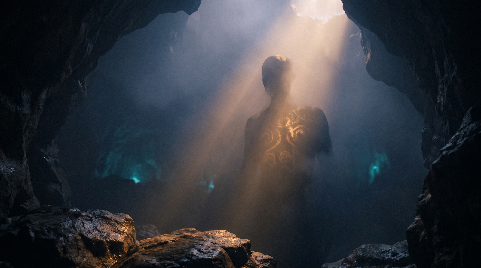 A colossal, misty silhouette emerges from a deep cavern, illuminated by golden light, symbolizing Jungian archetypes.