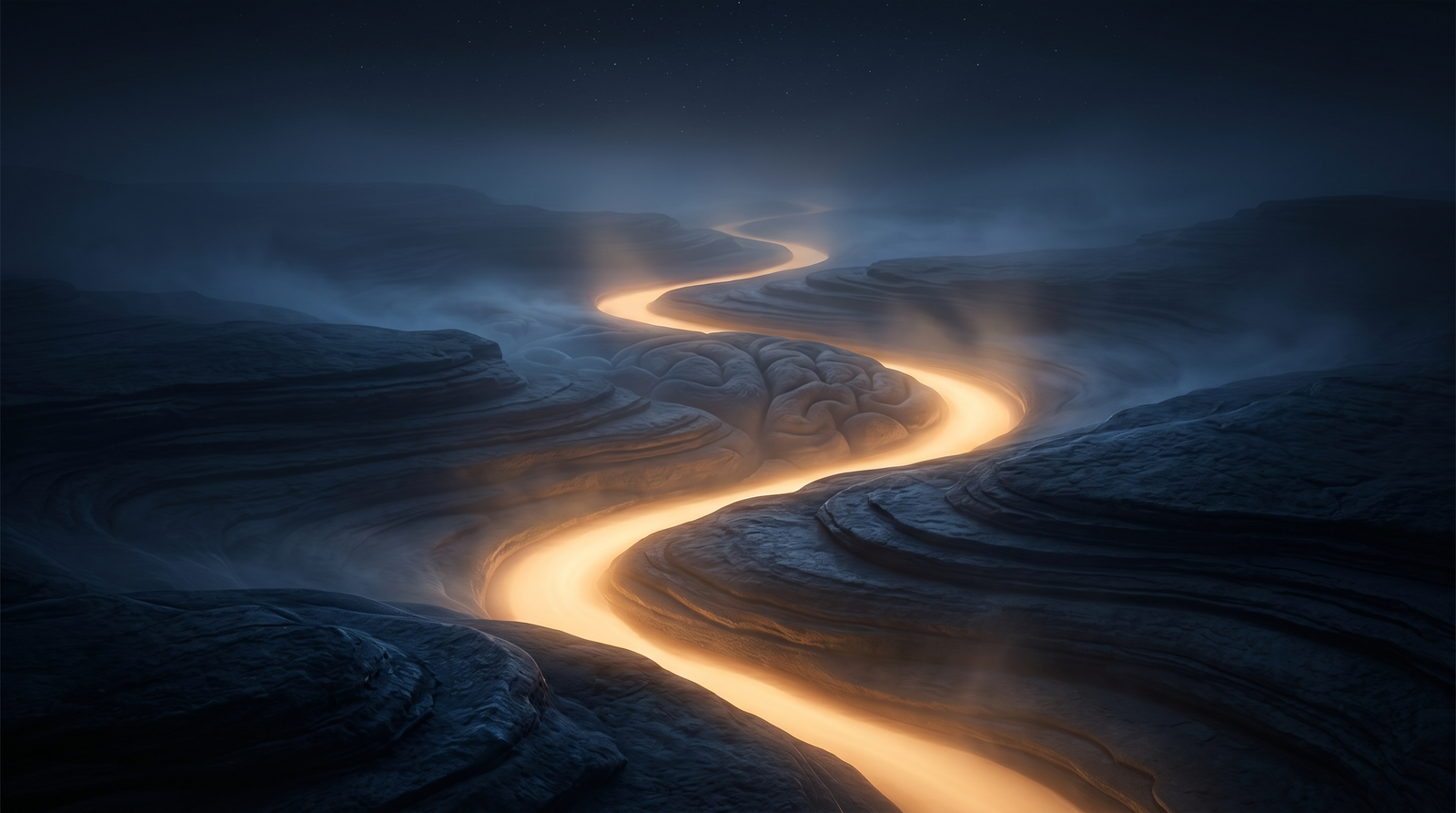 Luminous amber 'royal road' winds through dark rock layers into a misty, surreal unconscious.