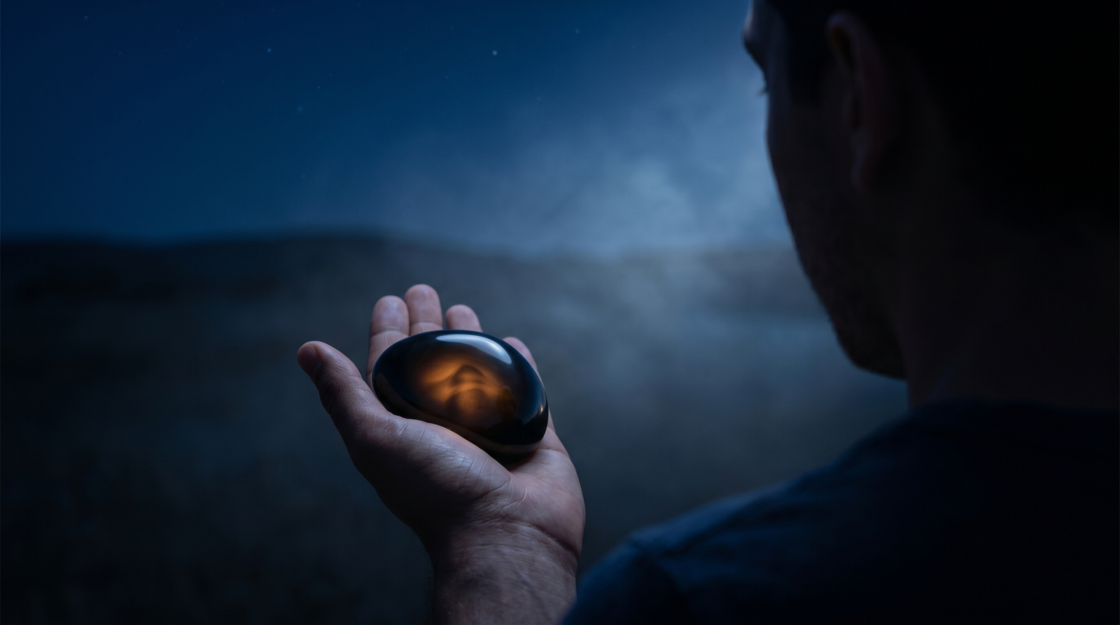 A hand holds a dark stone glowing amber, reflecting an inner landscape in deep blue night.